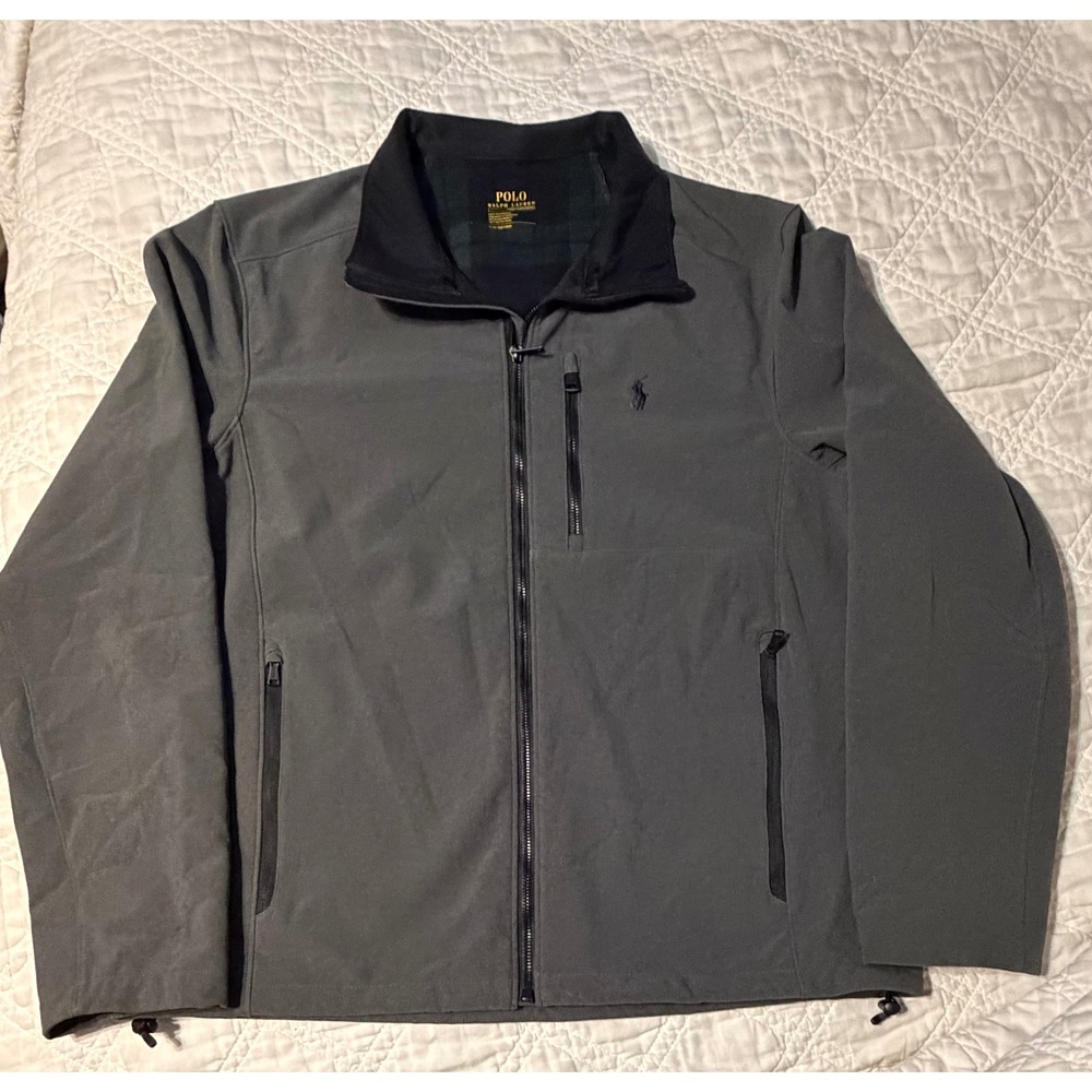Polo Ralph Lauren Softshell Jacket Mens Large Gray Plaid Fleece Lined Full Zip